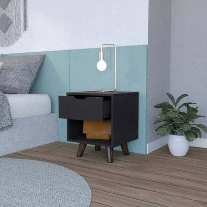 Modern Nightstand 19H with Spacious Drawer, Open Storage Shelf and Chic Wooden, Black
