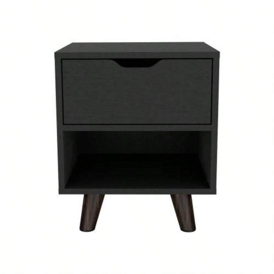 Modern Nightstand 19H with Spacious Drawer, Open Storage Shelf and Chic Wooden, Black