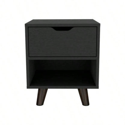 Modern Nightstand 19H with Spacious Drawer, Open Storage Shelf and Chic Wooden, Black