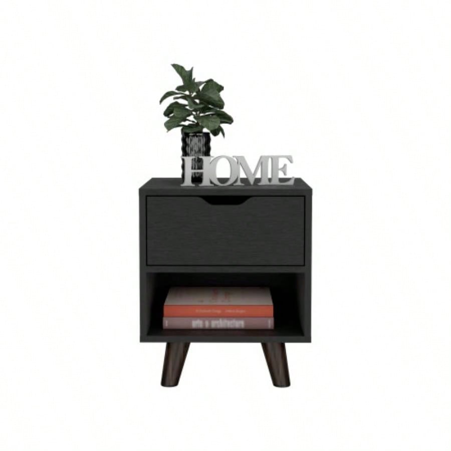Modern Nightstand 19H with Spacious Drawer, Open Storage Shelf and Chic Wooden, Black
