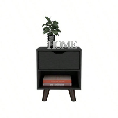 Modern Nightstand 19H with Spacious Drawer, Open Storage Shelf and Chic Wooden, Black