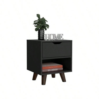 Modern Nightstand 19H with Spacious Drawer, Open Storage Shelf and Chic Wooden, Black