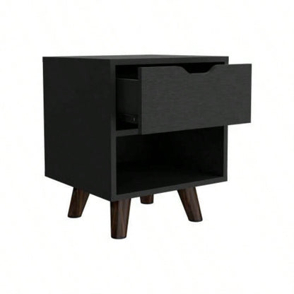 Modern Nightstand 19H with Spacious Drawer, Open Storage Shelf and Chic Wooden, Black