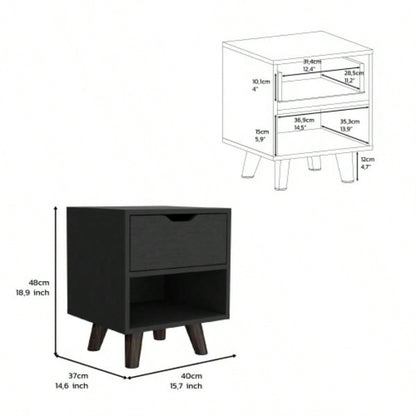 Modern Nightstand 19H with Spacious Drawer, Open Storage Shelf and Chic Wooden, Black