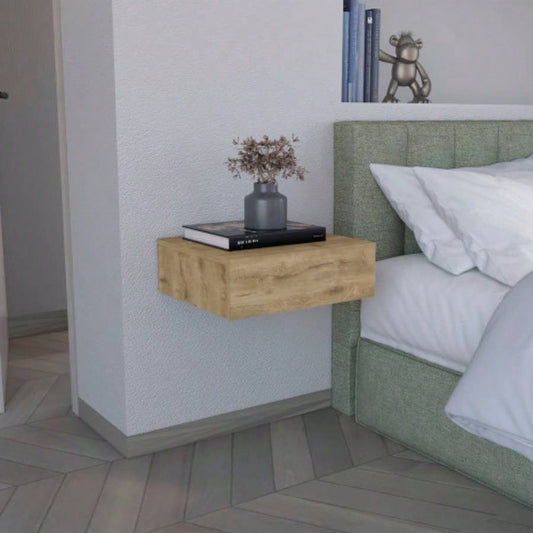 Floating Nightstand 5H, Modern Wall - Mounted Bedside Shelf with Drawer, Macadamia