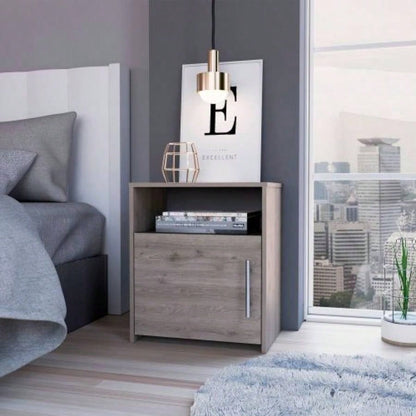 Nightstand, Single Door Cabinet, Metal Handle, One Shelf, Superior Top, Light Gray