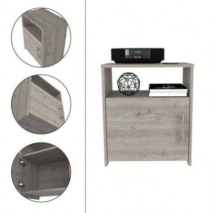 Nightstand, Single Door Cabinet, Metal Handle, One Shelf, Superior Top, Light Gray