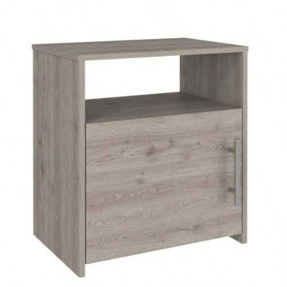 Nightstand, Single Door Cabinet, Metal Handle, One Shelf, Superior Top, Light Gray
