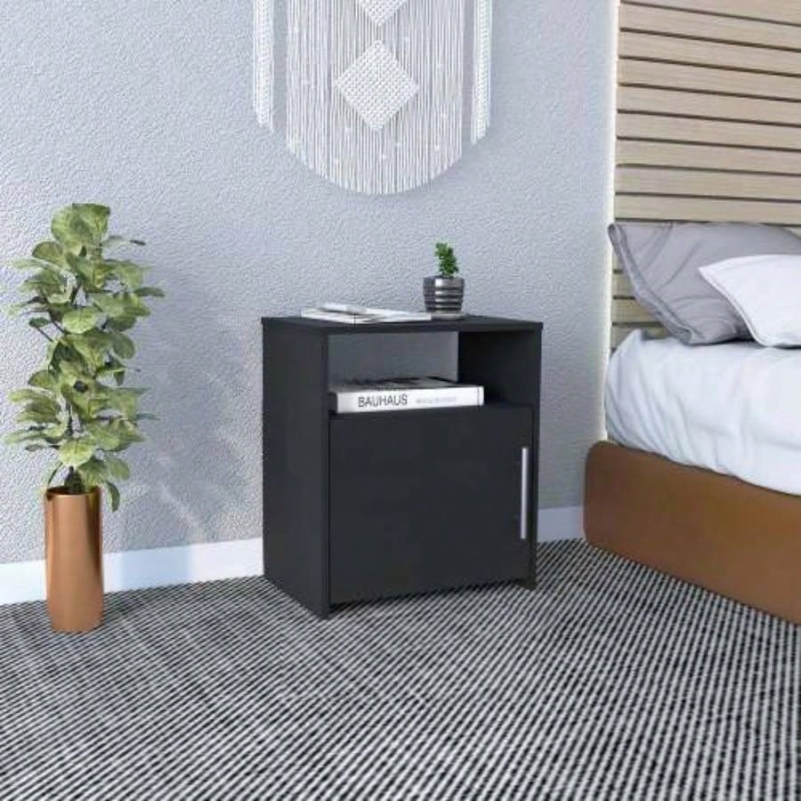 Nightstand, Single Door Cabinet, Metal Handle, One Shelf, Superior Top, Light Gray