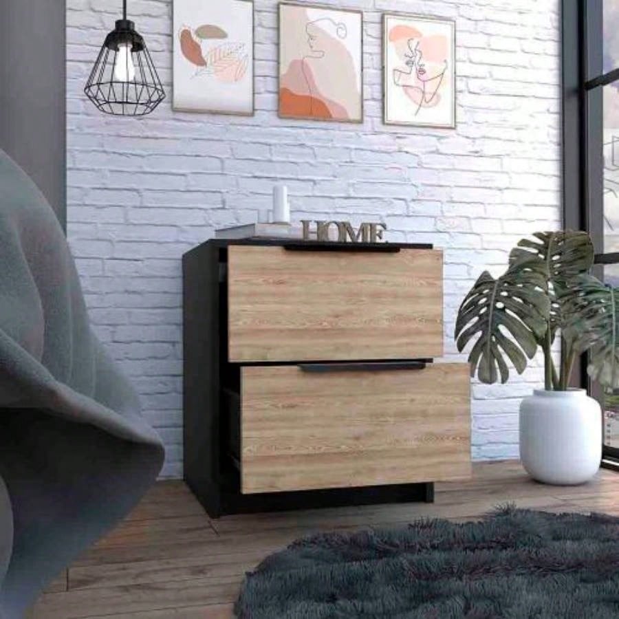 Modern Nightstand 19 H, Two Drawers, Black/ Pine