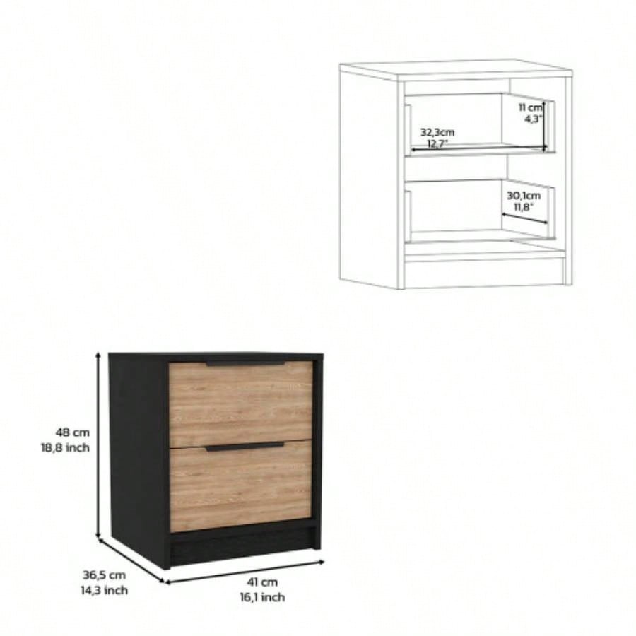 Modern Nightstand 19 H, Two Drawers, Black/ Pine