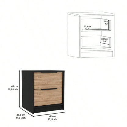 Modern Nightstand 19 H, Two Drawers, Black/ Pine