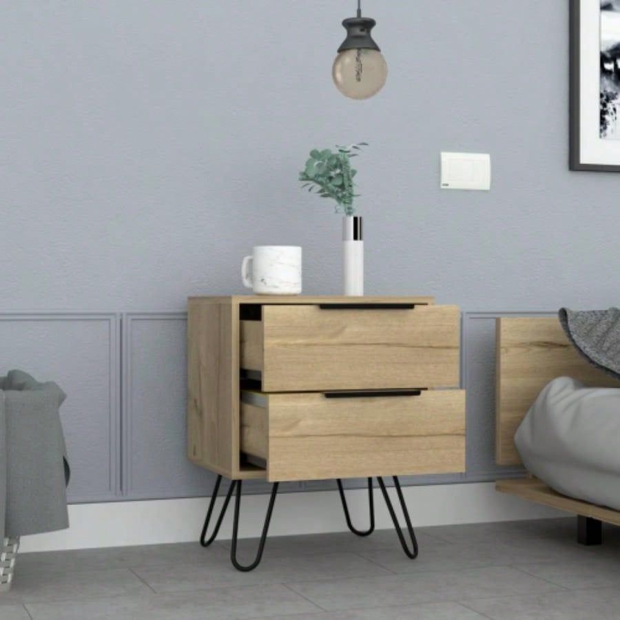 Nightstand 22 H, Four hairpin, Two Drawers, Light Oak