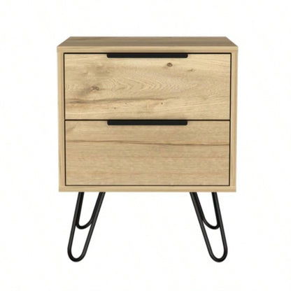 Nightstand 22 H, Four hairpin, Two Drawers, Light Oak