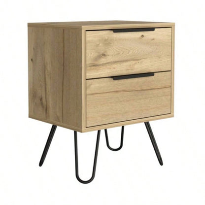 Nightstand 22 H, Four hairpin, Two Drawers, Light Oak