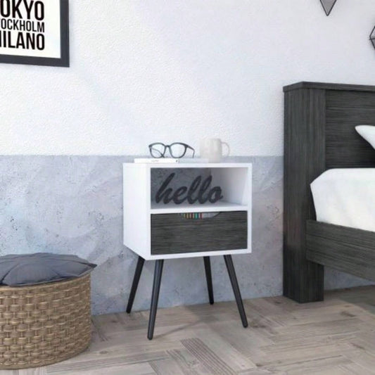 Nightstand Fugaz, Open Shelf, Single Drawer, Smokey Oak/ White