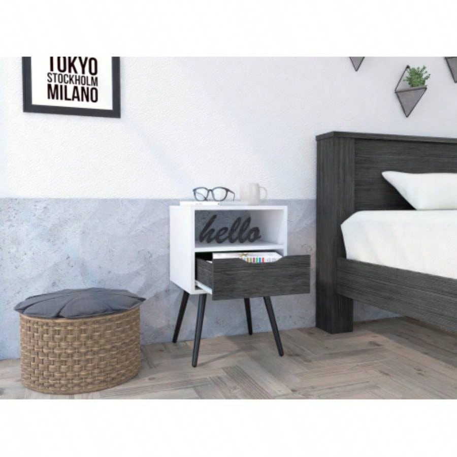 Nightstand Fugaz, Open Shelf, Single Drawer, Smokey Oak/ White