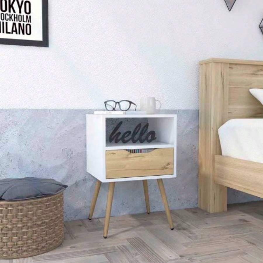 Nightstand Fugaz, Open Shelf, Single Drawer, Smokey Oak/ White