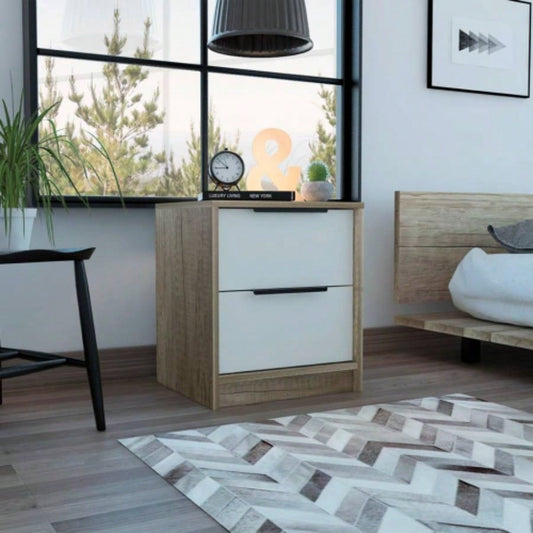 Modern Nightstand 19 H, Two Drawers, White/ Light Oak