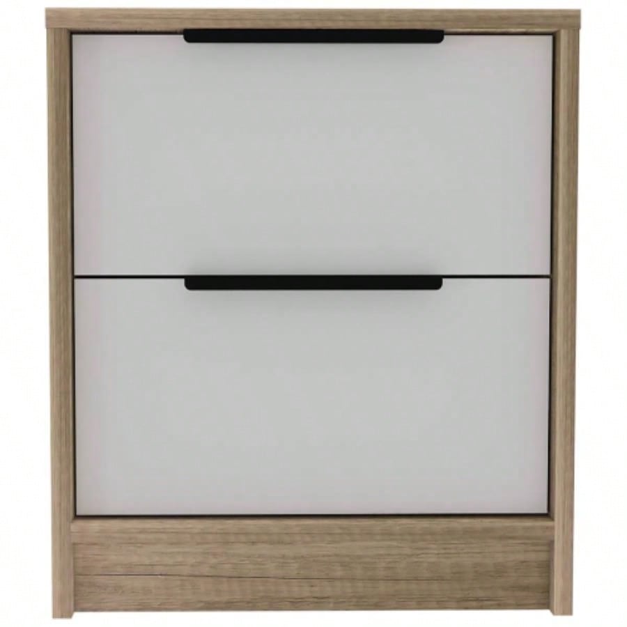 Modern Nightstand 19 H, Two Drawers, White/ Light Oak