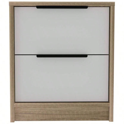 Modern Nightstand 19 H, Two Drawers, White/ Light Oak