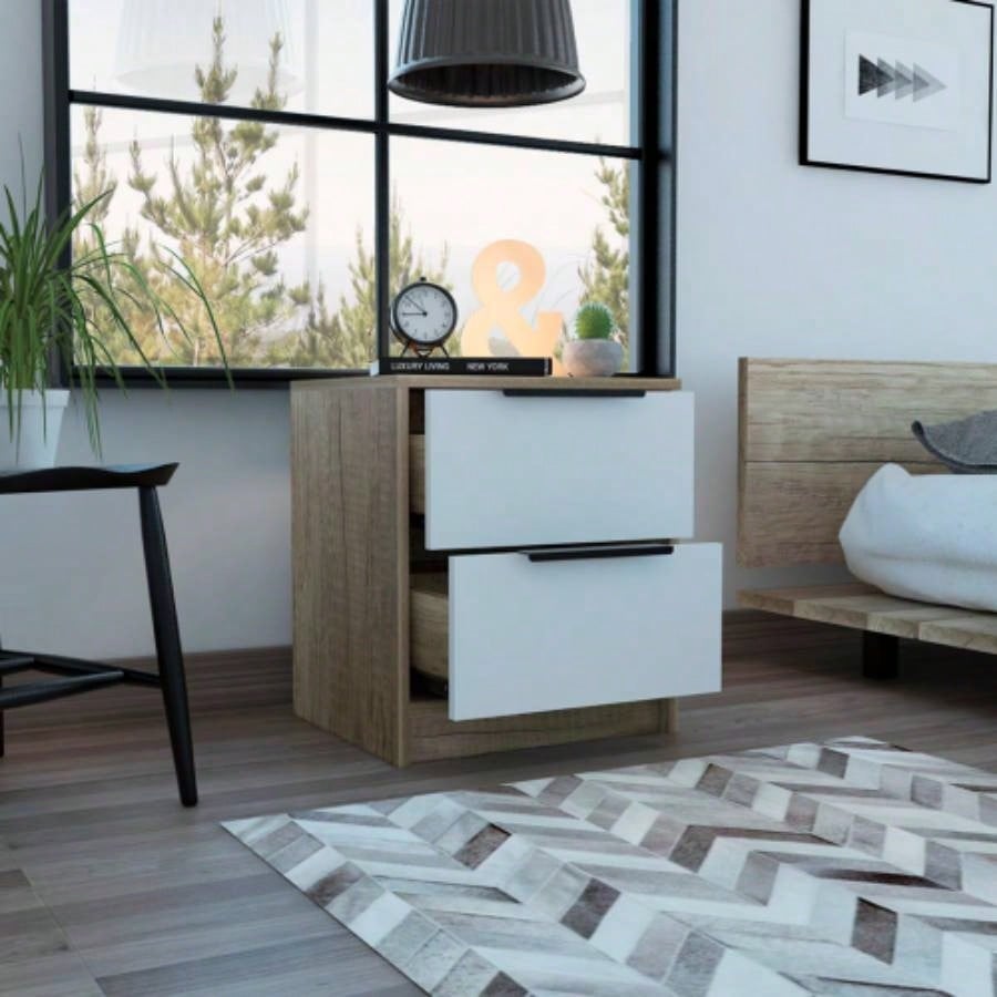 Modern Nightstand 19 H, Two Drawers, White/ Light Oak