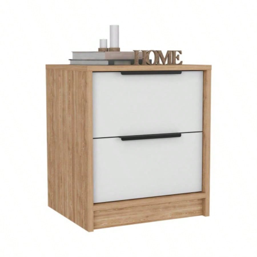 Modern Nightstand 19 H, Two Drawers, White/ Light Oak