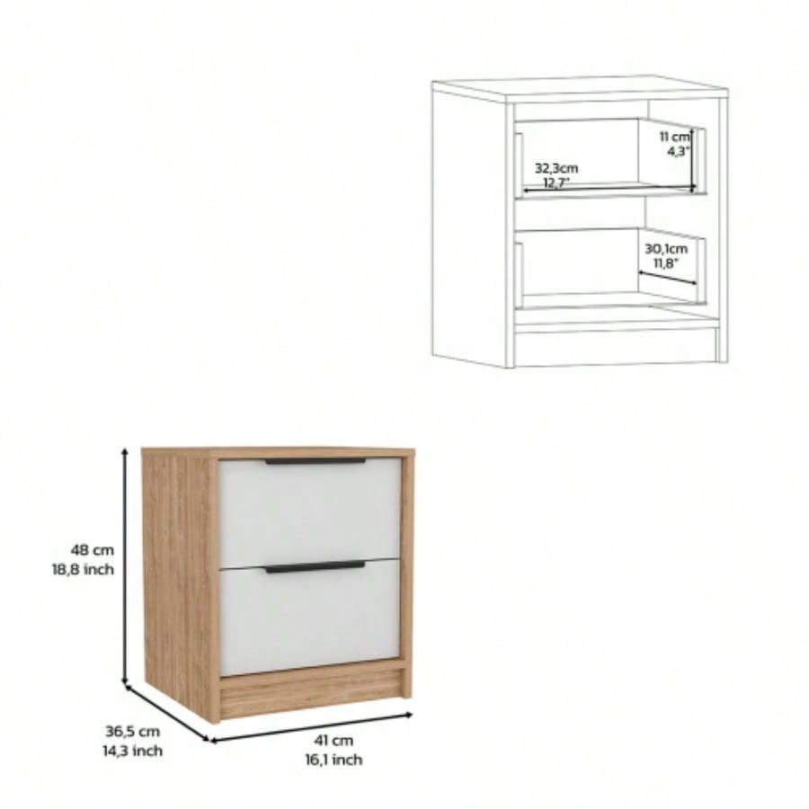 Modern Nightstand 19 H, Two Drawers, White/ Light Oak
