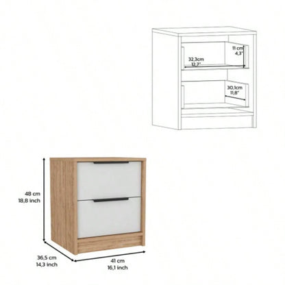 Modern Nightstand 19 H, Two Drawers, White/ Light Oak
