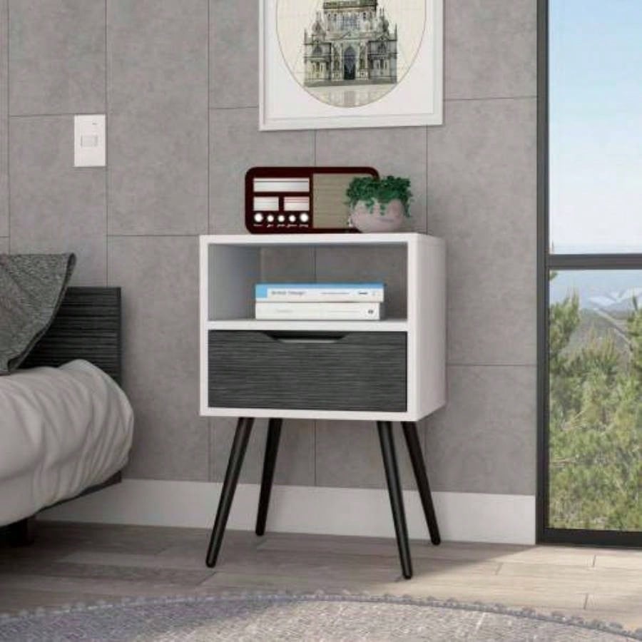 Nightstand 25H, Superior Top, Four, One Open Shelf, One Drawer, Smokey Oak/ White