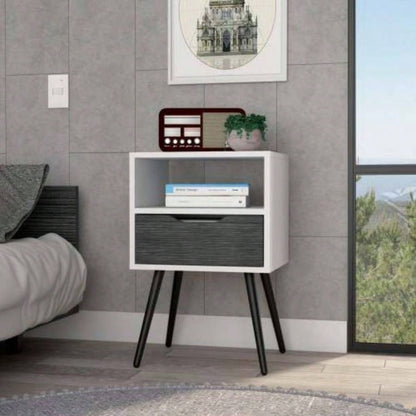 Nightstand 25H, Superior Top, Four, One Open Shelf, One Drawer, Smokey Oak/ White