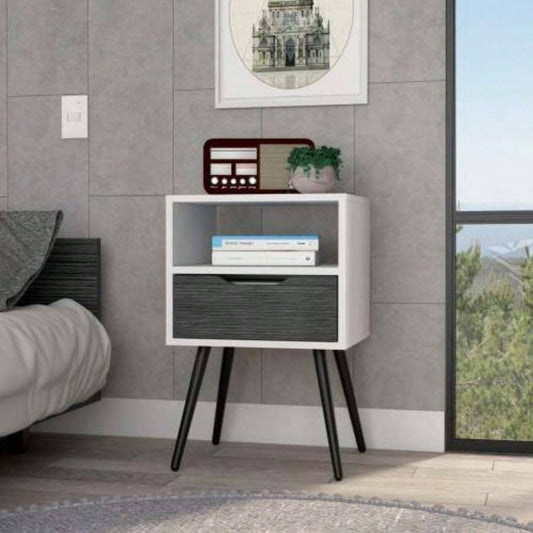 Nightstand 25H, Superior Top, Four, One Open Shelf, One Drawer, Smokey Oak/ White