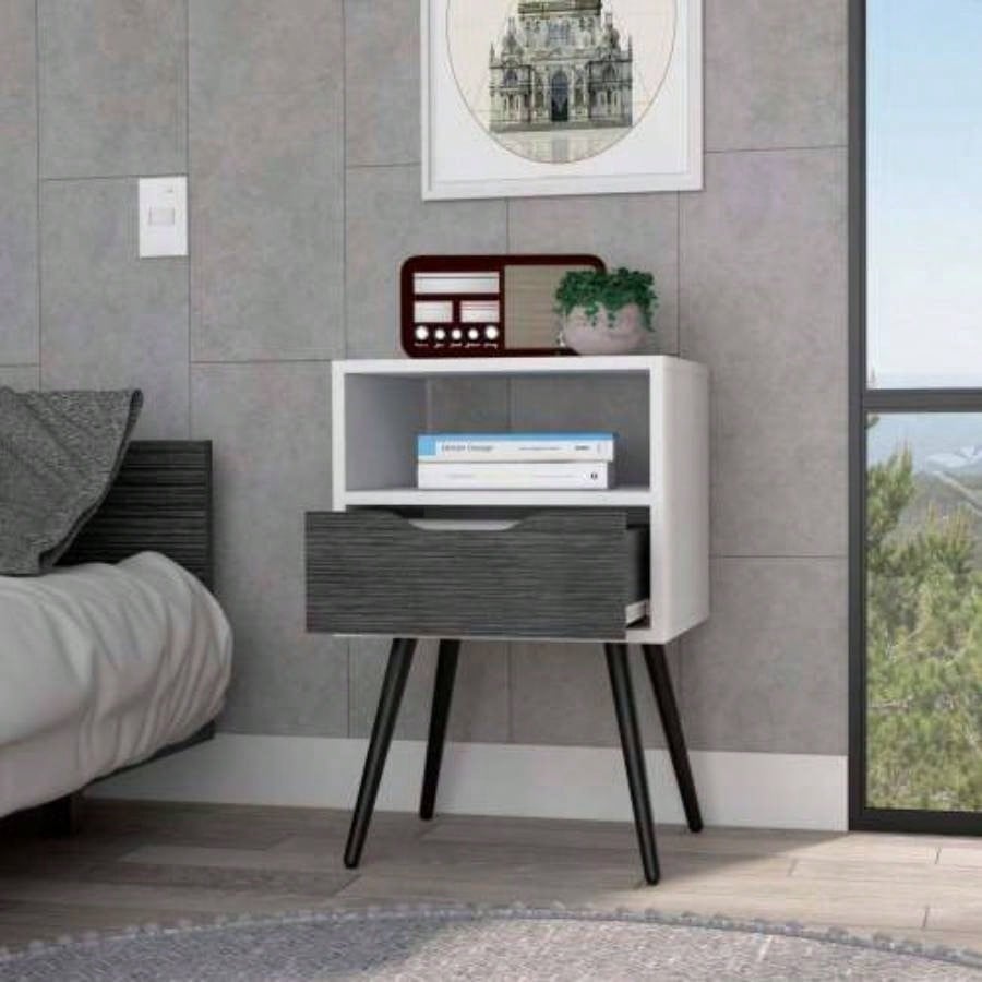 Nightstand 25H, Superior Top, Four, One Open Shelf, One Drawer, Smokey Oak/ White