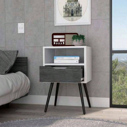 Nightstand 25H, Superior Top, Four, One Open Shelf, One Drawer, Smokey Oak/ White
