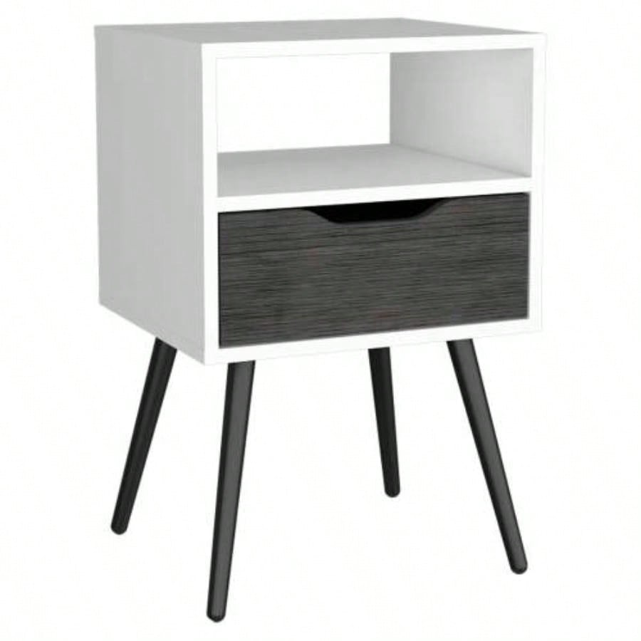 Nightstand 25H, Superior Top, Four, One Open Shelf, One Drawer, Smokey Oak/ White