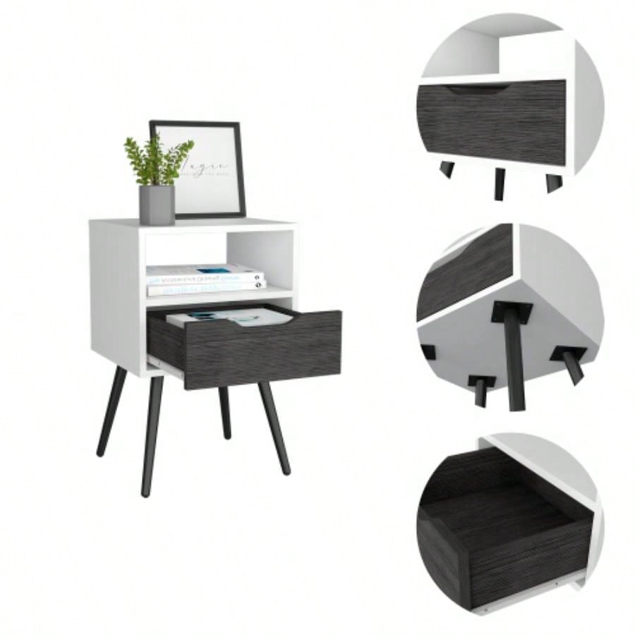 Nightstand 25H, Superior Top, Four, One Open Shelf, One Drawer, Smokey Oak/ White