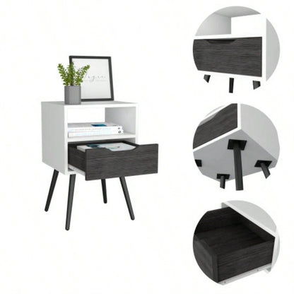 Nightstand 25H, Superior Top, Four, One Open Shelf, One Drawer, Smokey Oak/ White