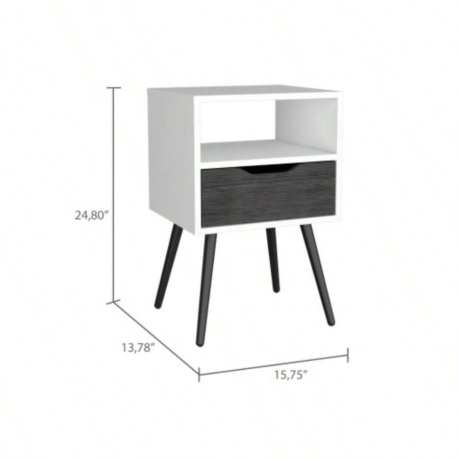 Nightstand 25H, Superior Top, Four, One Open Shelf, One Drawer, Smokey Oak/ White