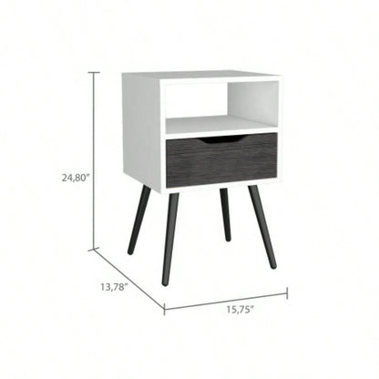 Nightstand 25H, Superior Top, Four, One Open Shelf, One Drawer, Smokey Oak/ White