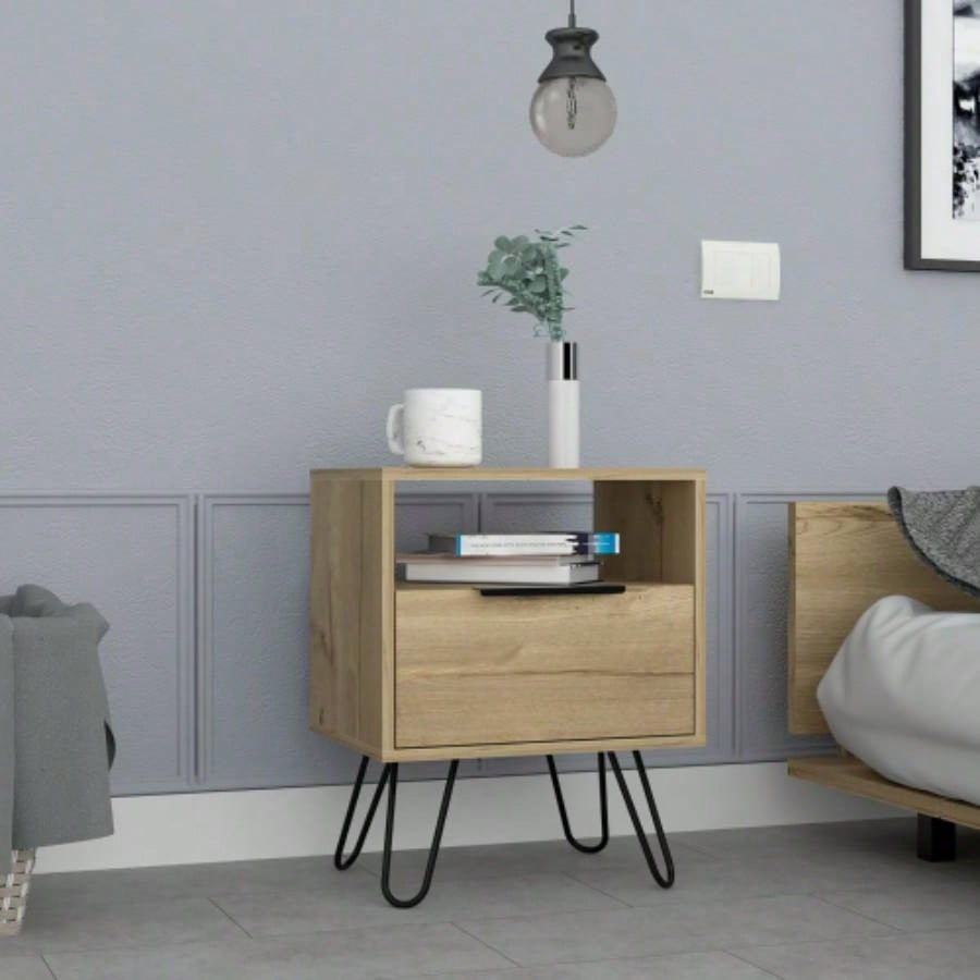 Nightstand 22H, One Open Shelf, Single Door Cabient, Hairpin, Light Oak