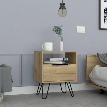 Nightstand 22H, One Open Shelf, Single Door Cabient, Hairpin, Light Oak