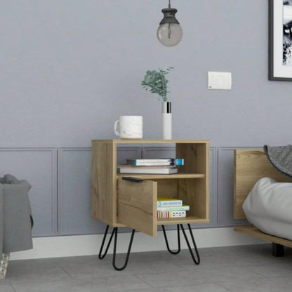 Nightstand 22H, One Open Shelf, Single Door Cabient, Hairpin, Light Oak