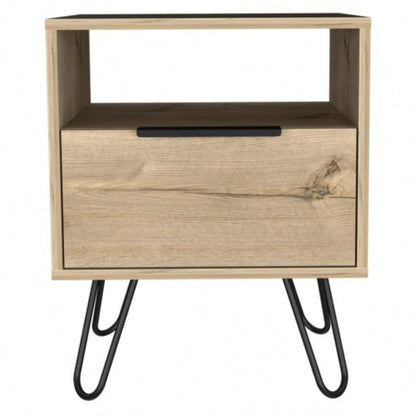 Nightstand 22H, One Open Shelf, Single Door Cabient, Hairpin, Light Oak