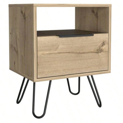 Nightstand 22H, One Open Shelf, Single Door Cabient, Hairpin, Light Oak
