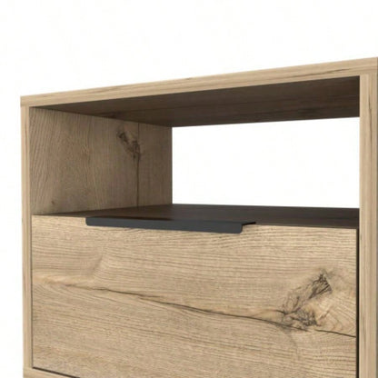 Nightstand 22H, One Open Shelf, Single Door Cabient, Hairpin, Light Oak
