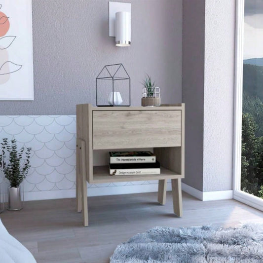 Nightstand 22H, One Drawer, One Open Shelf, Light Gray