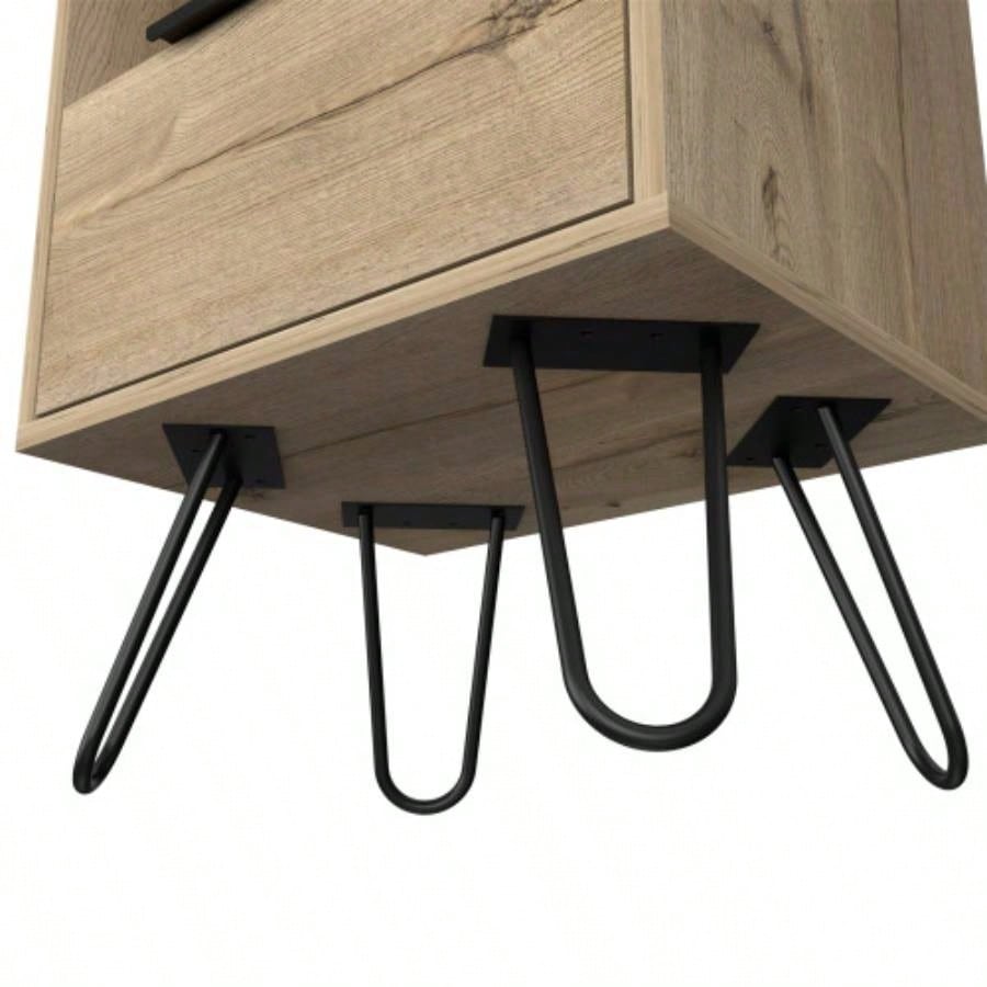Nightstand 22H, One Open Shelf, Single Door Cabient, Hairpin, Light Oak