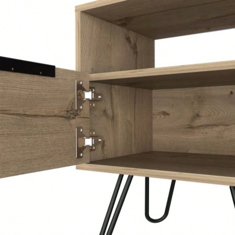 Nightstand 22H, One Open Shelf, Single Door Cabient, Hairpin, Light Oak