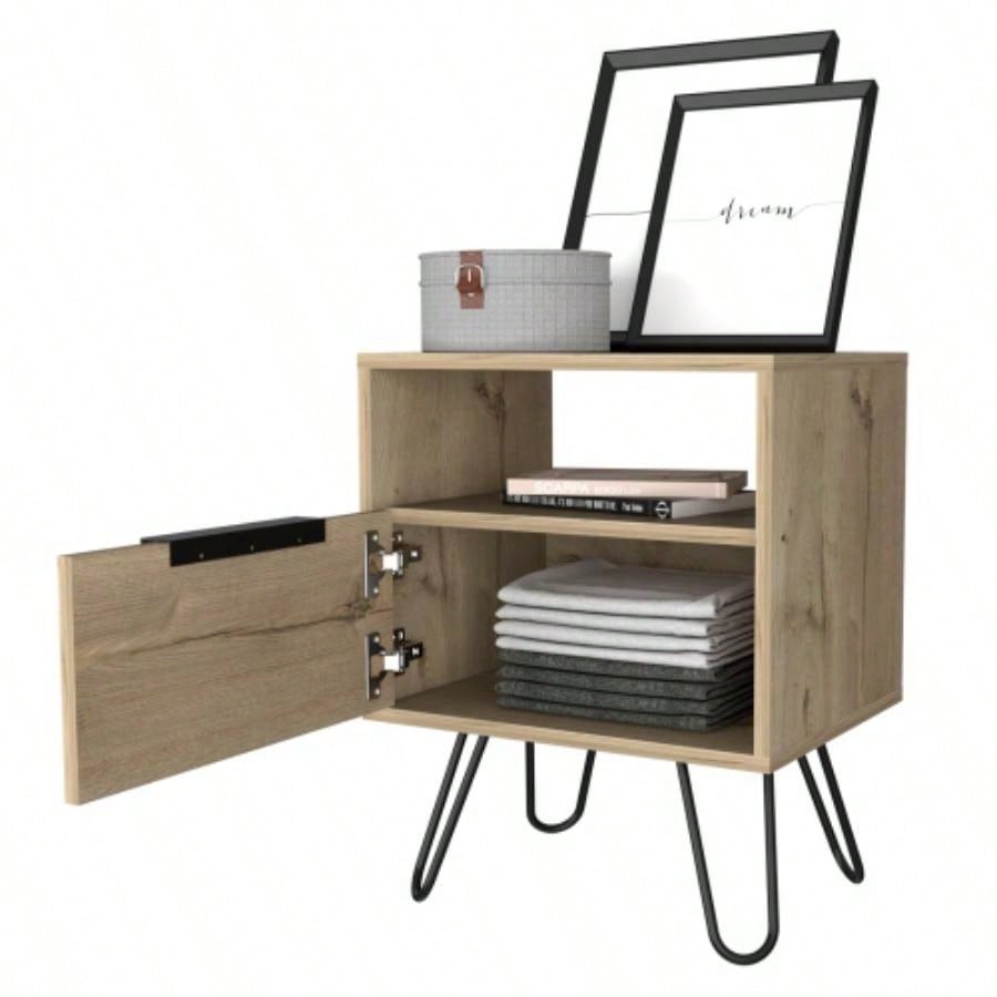 Nightstand 22H, One Open Shelf, Single Door Cabient, Hairpin, Light Oak