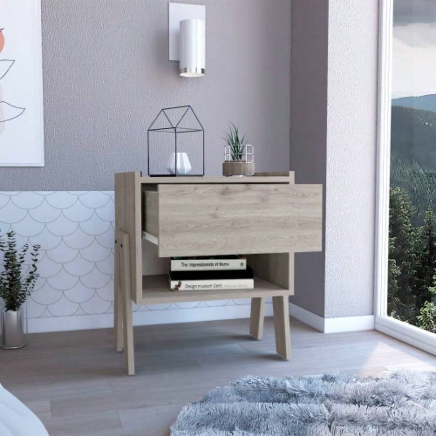 Nightstand 22H, One Drawer, One Open Shelf, Light Gray